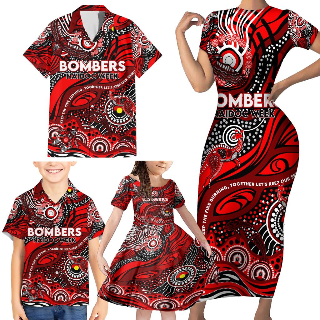 Custom NAIDOC Week 2024 Bombers Family Matching Short Sleeve Bodycon Dress and Hawaiian Shirt Aboriginal Animals Keep The Fire Burning