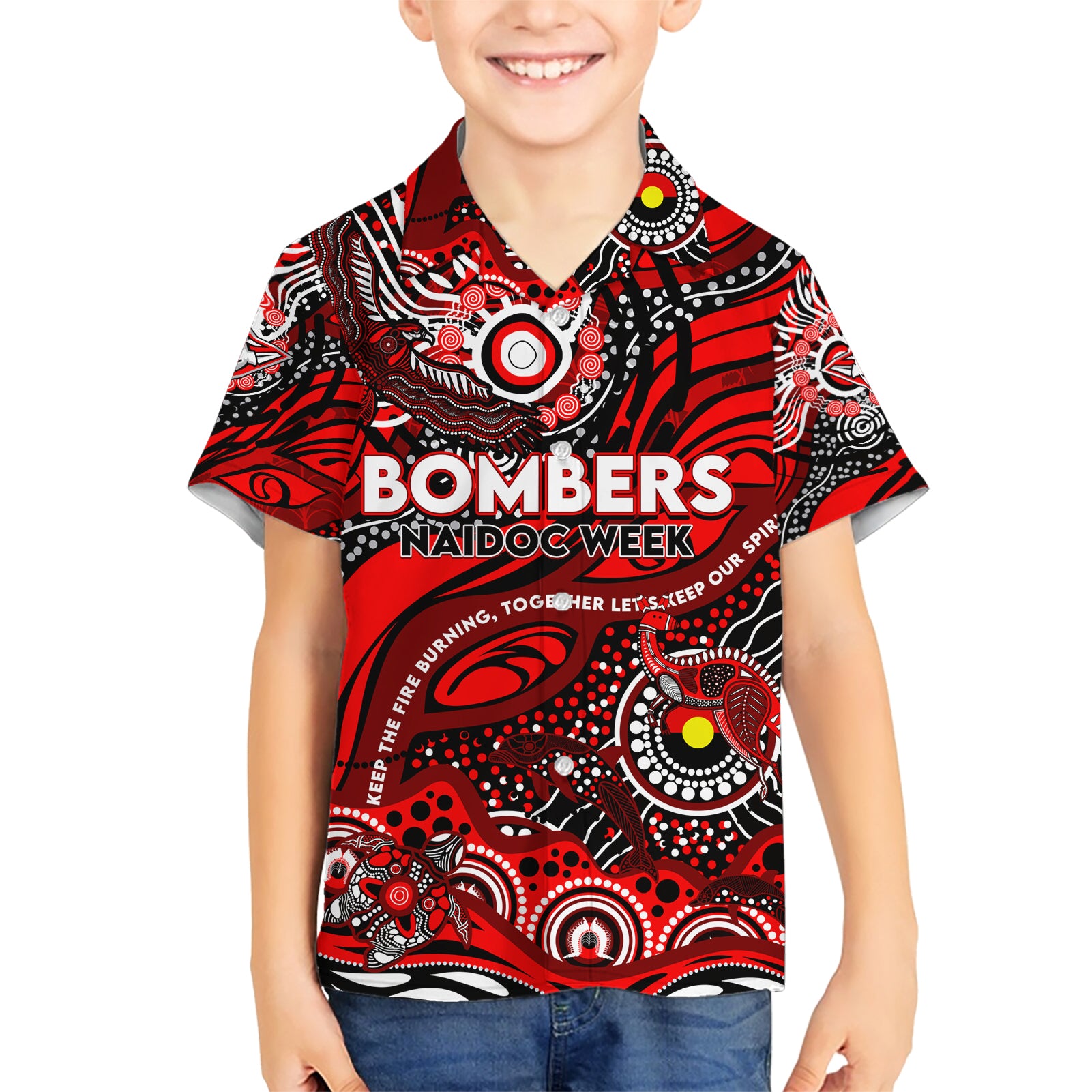 Custom NAIDOC Week 2024 Bombers Kid Hawaiian Shirt Aboriginal Animals Keep The Fire Burning
