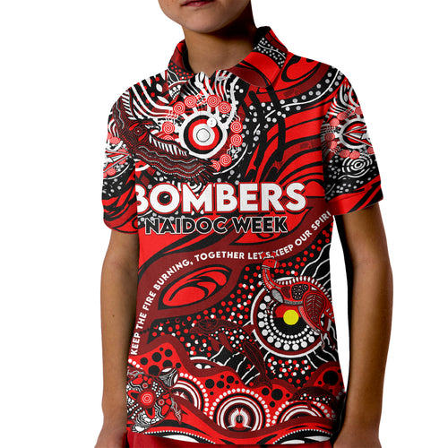 Custom NAIDOC Week 2024 Bombers Kid Polo Shirt Aboriginal Animals Keep The Fire Burning