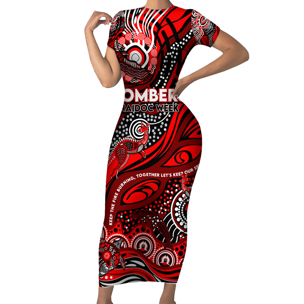 Custom NAIDOC Week 2024 Bombers Short Sleeve Bodycon Dress Aboriginal Animals Keep The Fire Burning