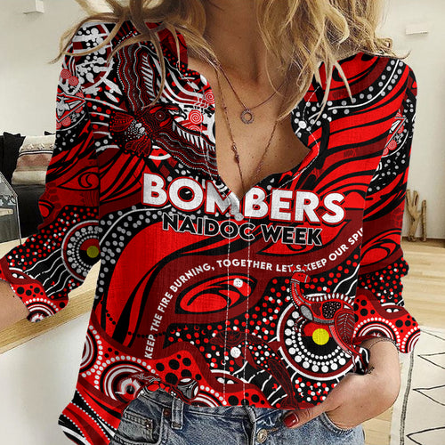 Custom NAIDOC Week 2024 Bombers Women Casual Shirt Aboriginal Animals Keep The Fire Burning
