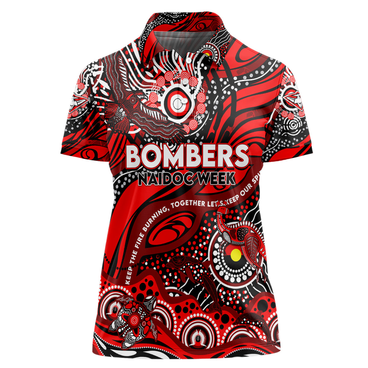 Custom NAIDOC Week 2024 Bombers Women Polo Shirt Aboriginal Animals Keep The Fire Burning