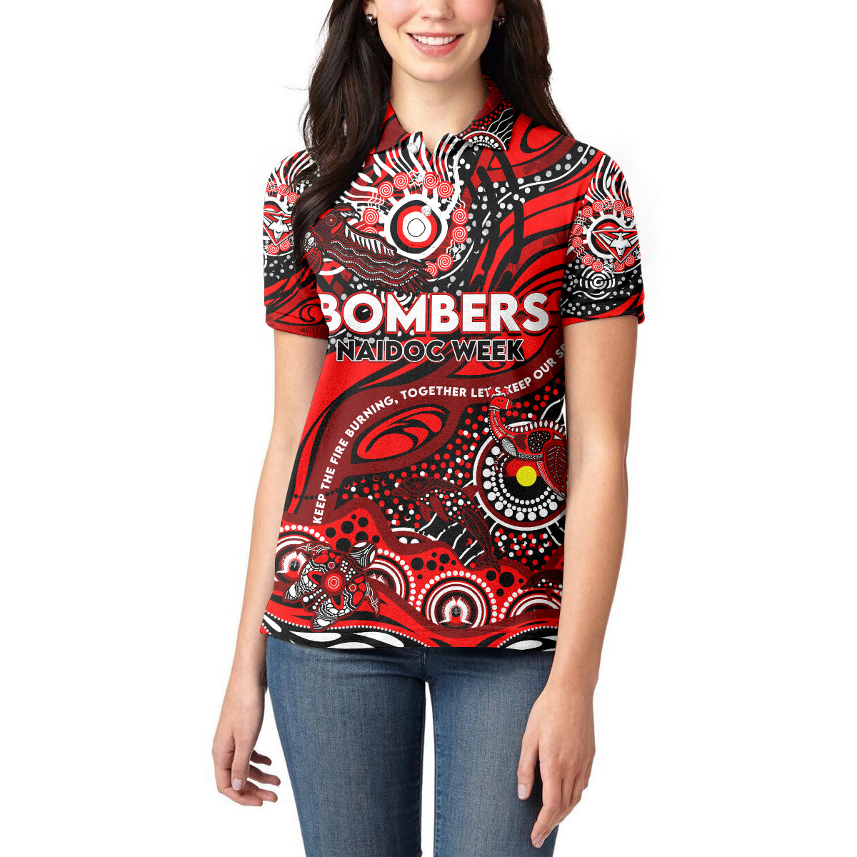 Custom NAIDOC Week 2024 Bombers Women Polo Shirt Aboriginal Animals Keep The Fire Burning
