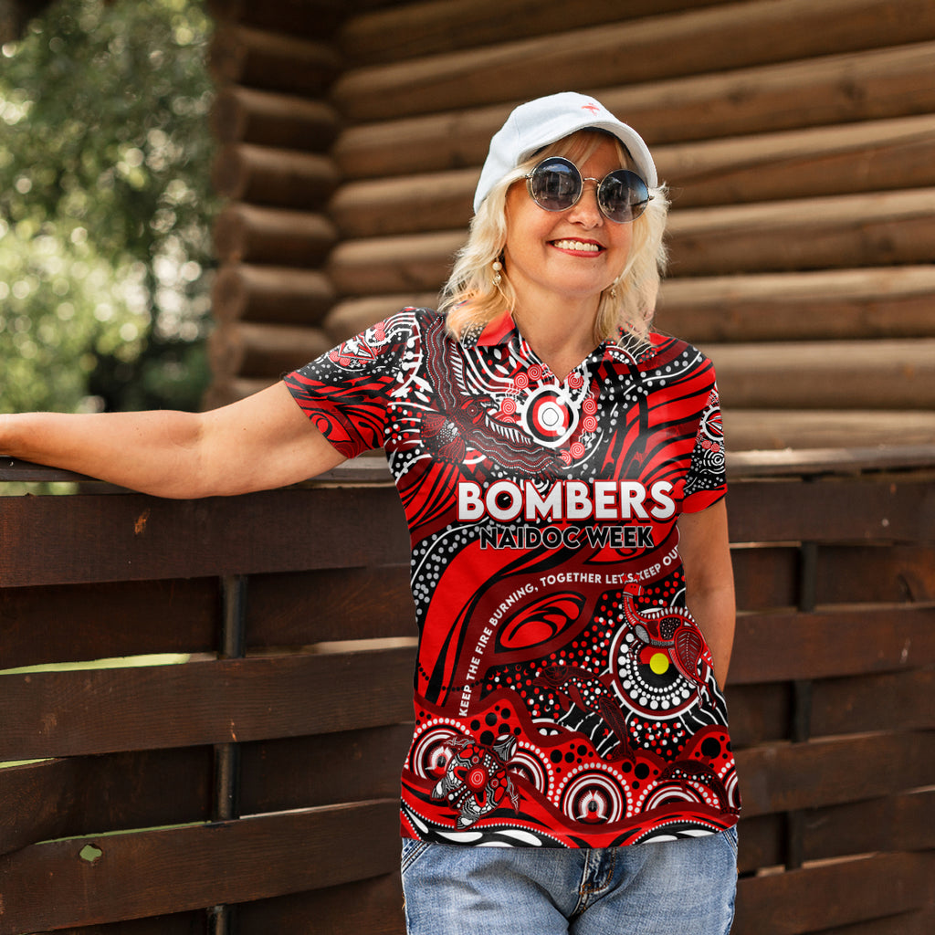 Custom NAIDOC Week 2024 Bombers Women Polo Shirt Aboriginal Animals Keep The Fire Burning