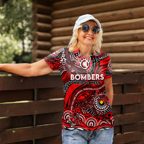 Custom NAIDOC Week 2024 Bombers Women Polo Shirt Aboriginal Animals Keep The Fire Burning