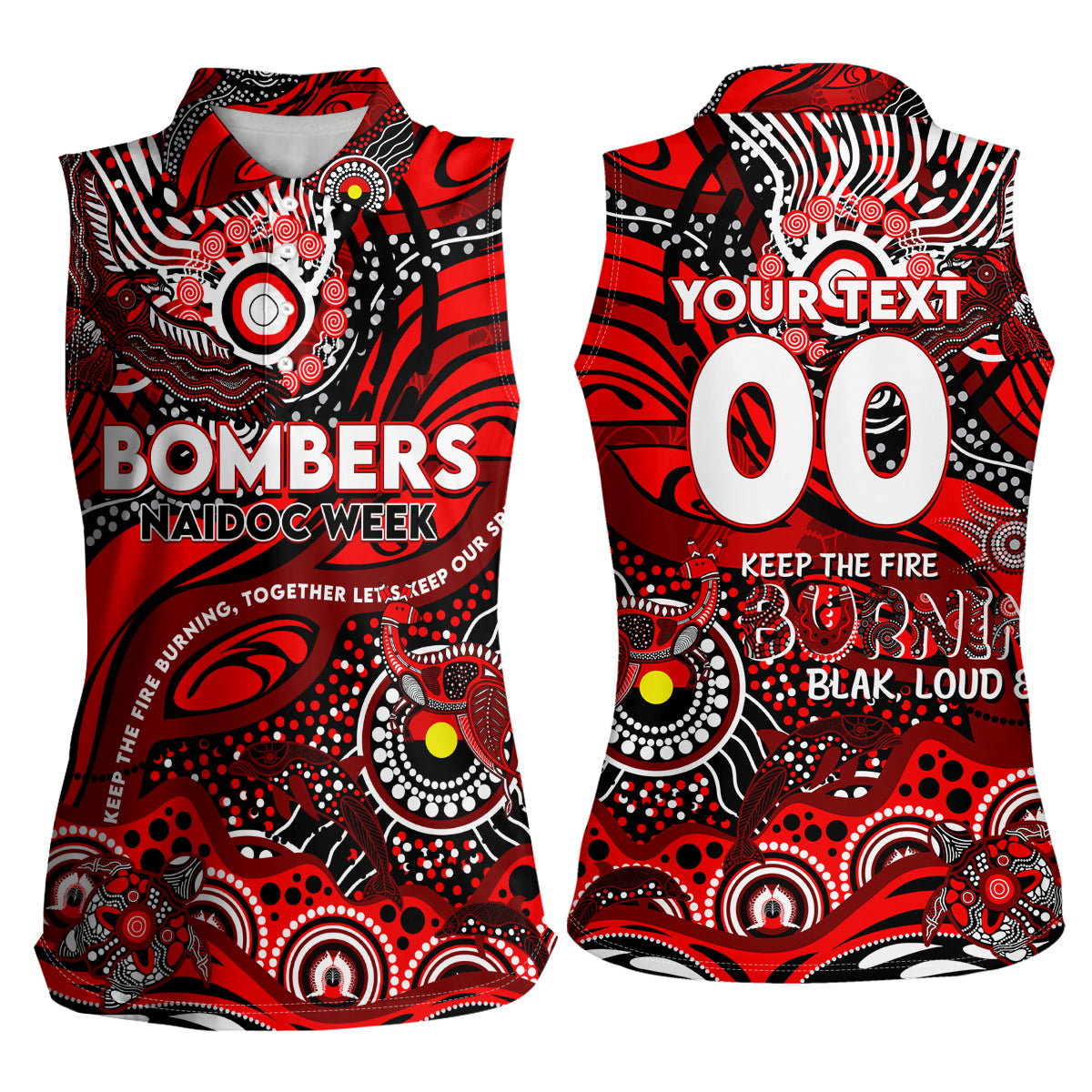 Custom NAIDOC Week 2024 Bombers Women Sleeveless Polo Shirt Aboriginal Animals Keep The Fire Burning