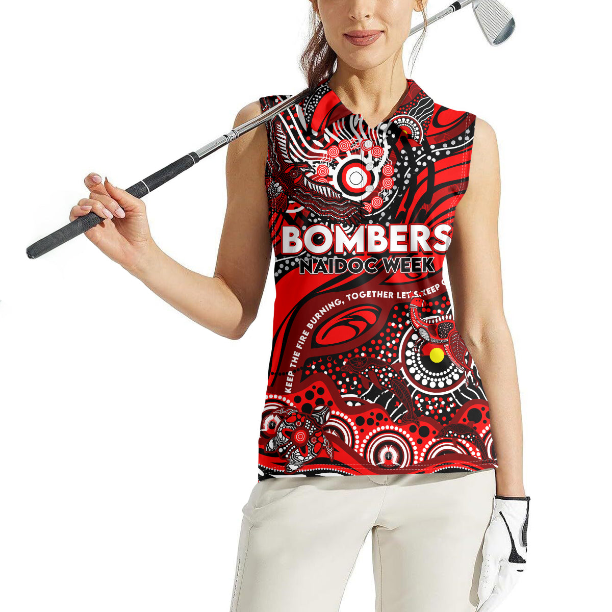 Custom NAIDOC Week 2024 Bombers Women Sleeveless Polo Shirt Aboriginal Animals Keep The Fire Burning