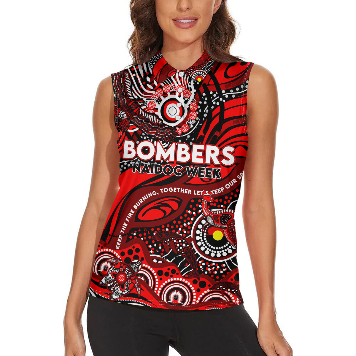 Custom NAIDOC Week 2024 Bombers Women Sleeveless Polo Shirt Aboriginal Animals Keep The Fire Burning