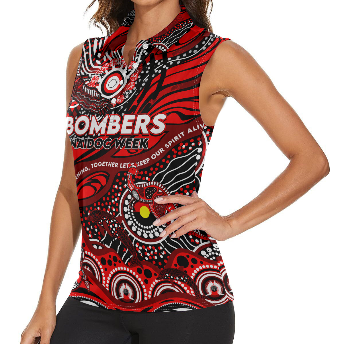Custom NAIDOC Week 2024 Bombers Women Sleeveless Polo Shirt Aboriginal Animals Keep The Fire Burning