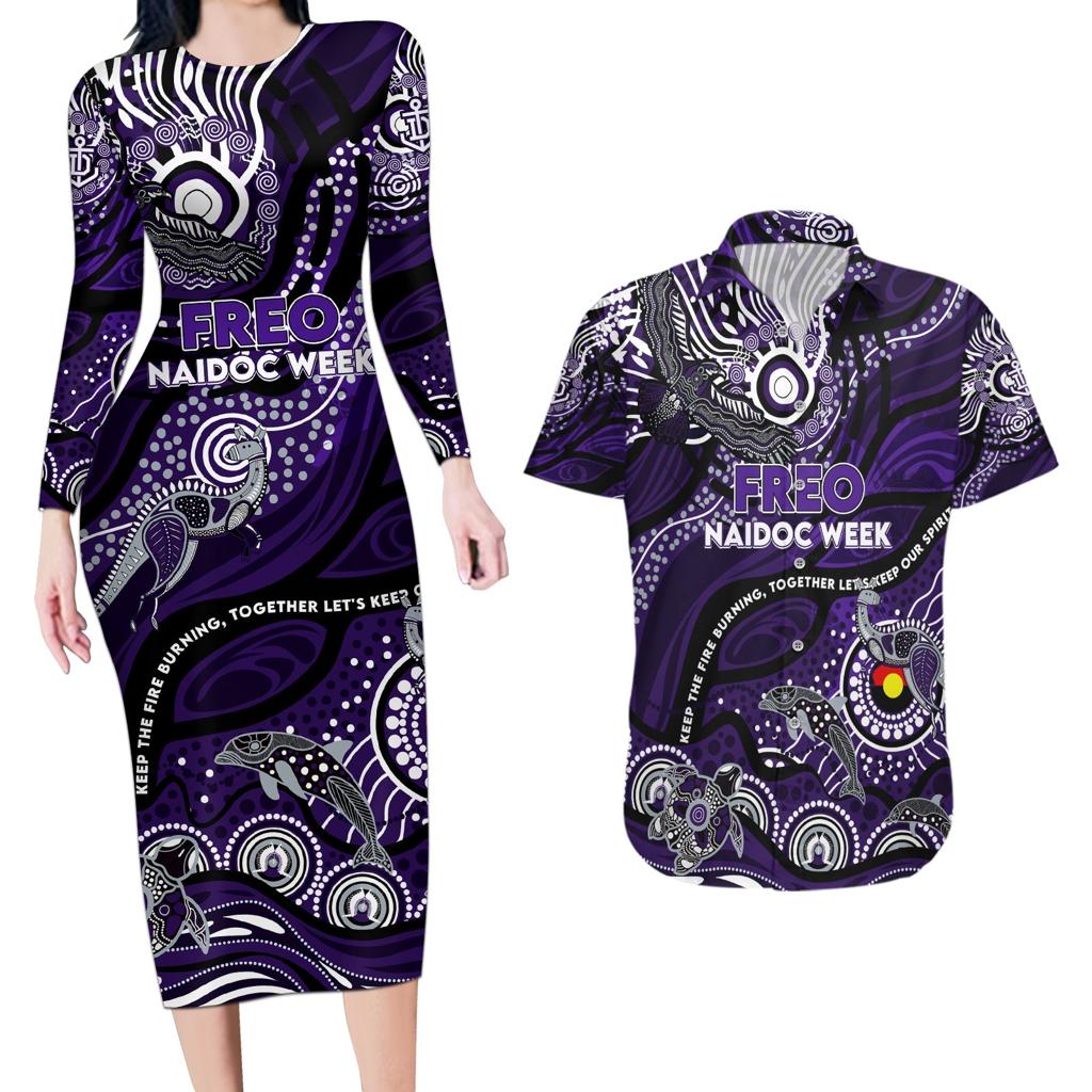 Custom NAIDOC Week 2024 Freo Couples Matching Long Sleeve Bodycon Dress and Hawaiian Shirt Aboriginal Animals Keep The Fire Burning