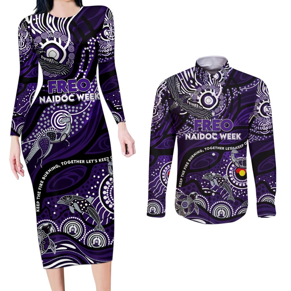 Custom NAIDOC Week 2024 Freo Couples Matching Long Sleeve Bodycon Dress and Long Sleeve Button Shirt Aboriginal Animals Keep The Fire Burning