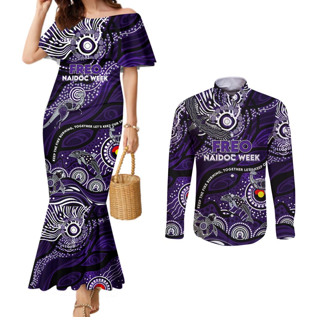 Custom NAIDOC Week 2024 Freo Couples Matching Mermaid Dress and Long Sleeve Button Shirt Aboriginal Animals Keep The Fire Burning