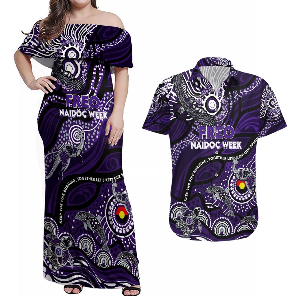 Custom NAIDOC Week 2024 Freo Couples Matching Off Shoulder Maxi Dress and Hawaiian Shirt Aboriginal Animals Keep The Fire Burning