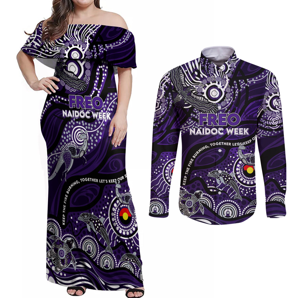 Custom NAIDOC Week 2024 Freo Couples Matching Off Shoulder Maxi Dress and Long Sleeve Button Shirt Aboriginal Animals Keep The Fire Burning