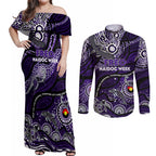 Custom NAIDOC Week 2024 Freo Couples Matching Off Shoulder Maxi Dress and Long Sleeve Button Shirt Aboriginal Animals Keep The Fire Burning