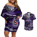 Custom NAIDOC Week 2024 Freo Couples Matching Off Shoulder Short Dress and Hawaiian Shirt Aboriginal Animals Keep The Fire Burning