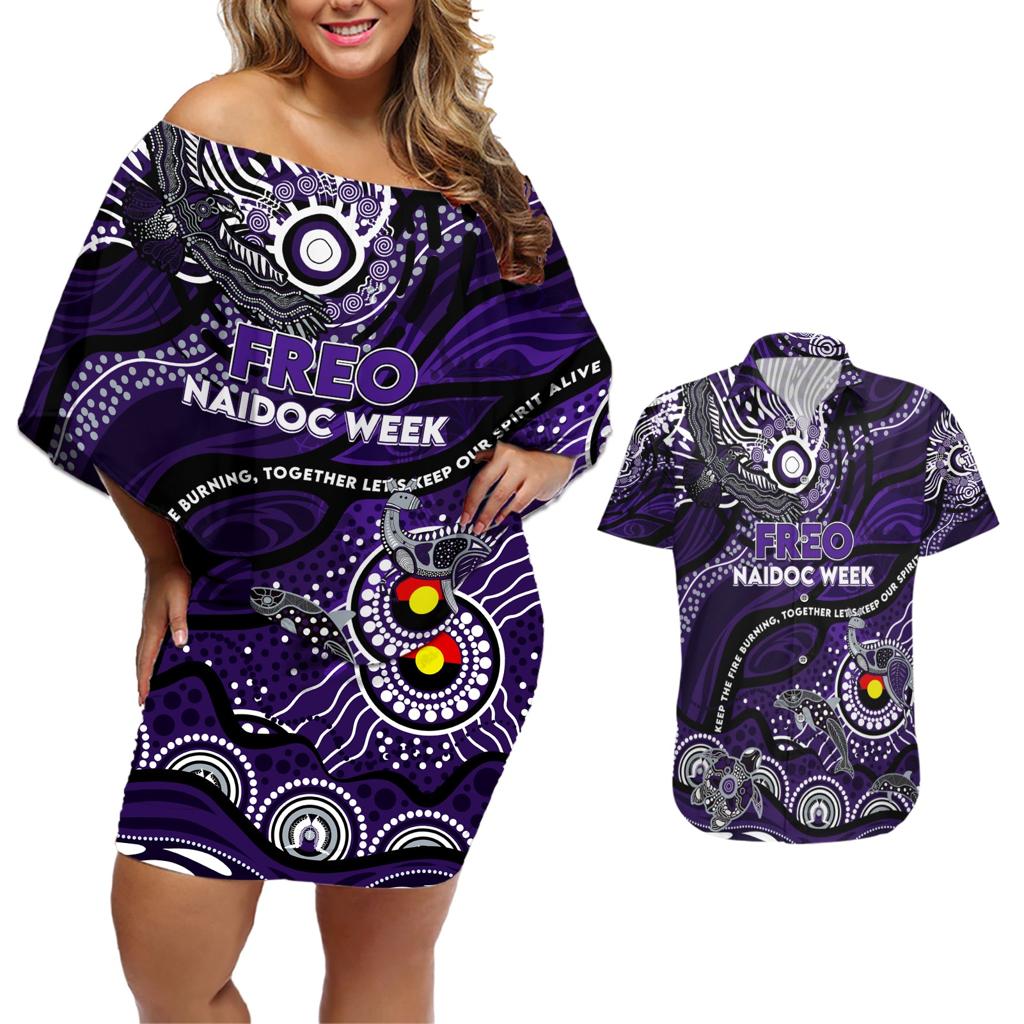 Custom NAIDOC Week 2024 Freo Couples Matching Off Shoulder Short Dress and Hawaiian Shirt Aboriginal Animals Keep The Fire Burning