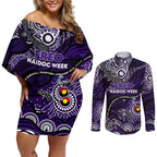 Custom NAIDOC Week 2024 Freo Couples Matching Off Shoulder Short Dress and Long Sleeve Button Shirt Aboriginal Animals Keep The Fire Burning