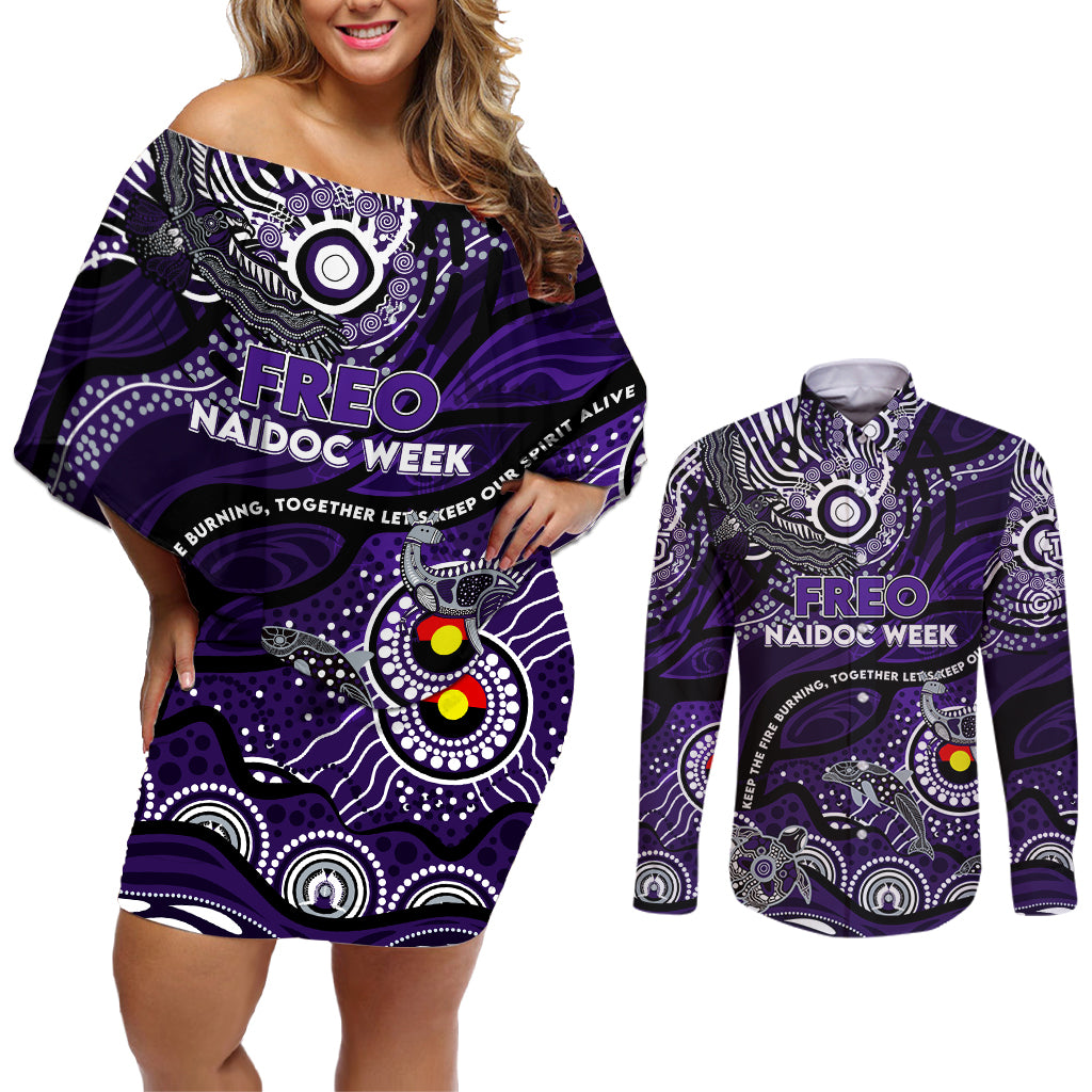 Custom NAIDOC Week 2024 Freo Couples Matching Off Shoulder Short Dress and Long Sleeve Button Shirt Aboriginal Animals Keep The Fire Burning