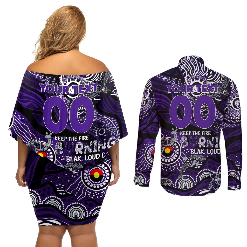 Custom NAIDOC Week 2024 Freo Couples Matching Off Shoulder Short Dress and Long Sleeve Button Shirt Aboriginal Animals Keep The Fire Burning