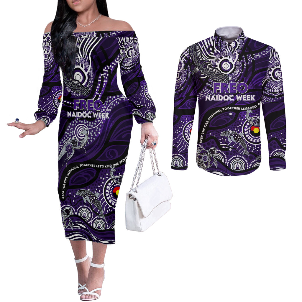 Custom NAIDOC Week 2024 Freo Couples Matching Off The Shoulder Long Sleeve Dress and Long Sleeve Button Shirt Aboriginal Animals Keep The Fire Burning