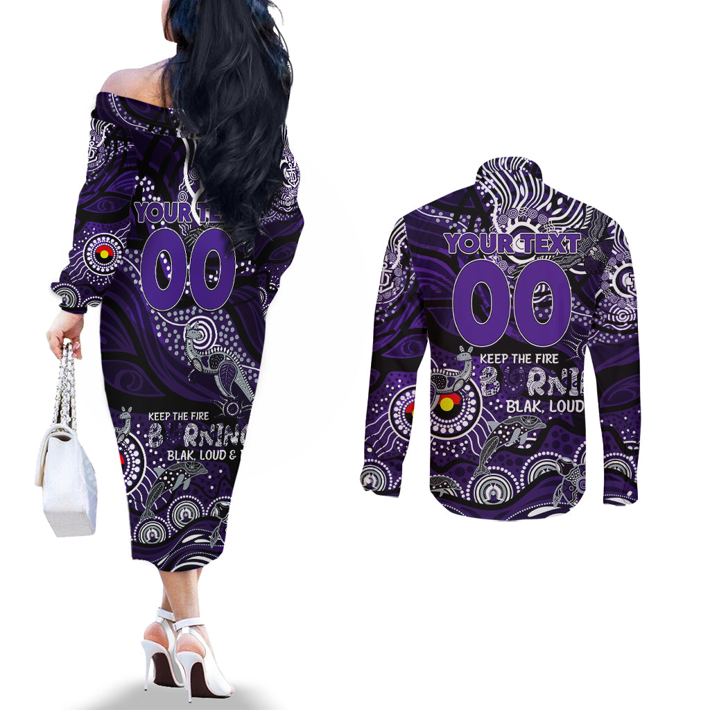 Custom NAIDOC Week 2024 Freo Couples Matching Off The Shoulder Long Sleeve Dress and Long Sleeve Button Shirt Aboriginal Animals Keep The Fire Burning