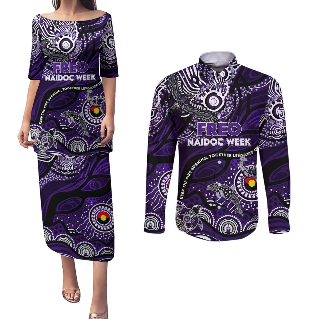 Custom NAIDOC Week 2024 Freo Couples Matching Puletasi and Long Sleeve Button Shirt Aboriginal Animals Keep The Fire Burning