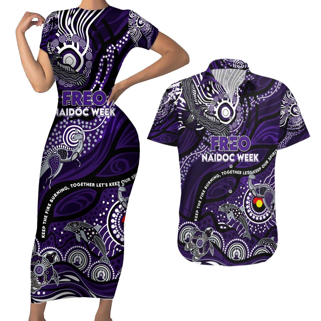Custom NAIDOC Week 2024 Freo Couples Matching Short Sleeve Bodycon Dress and Hawaiian Shirt Aboriginal Animals Keep The Fire Burning