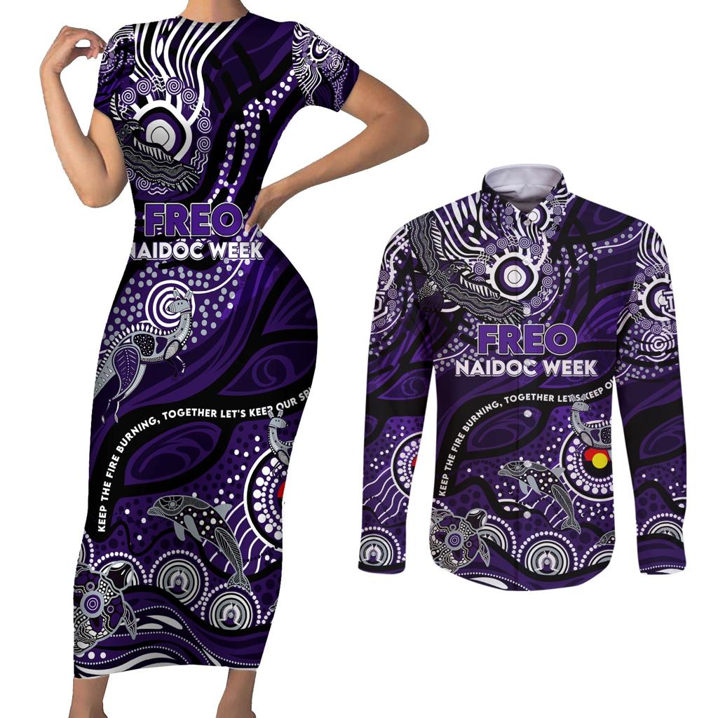 Custom NAIDOC Week 2024 Freo Couples Matching Short Sleeve Bodycon Dress and Long Sleeve Button Shirt Aboriginal Animals Keep The Fire Burning
