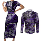 Custom NAIDOC Week 2024 Freo Couples Matching Short Sleeve Bodycon Dress and Long Sleeve Button Shirt Aboriginal Animals Keep The Fire Burning