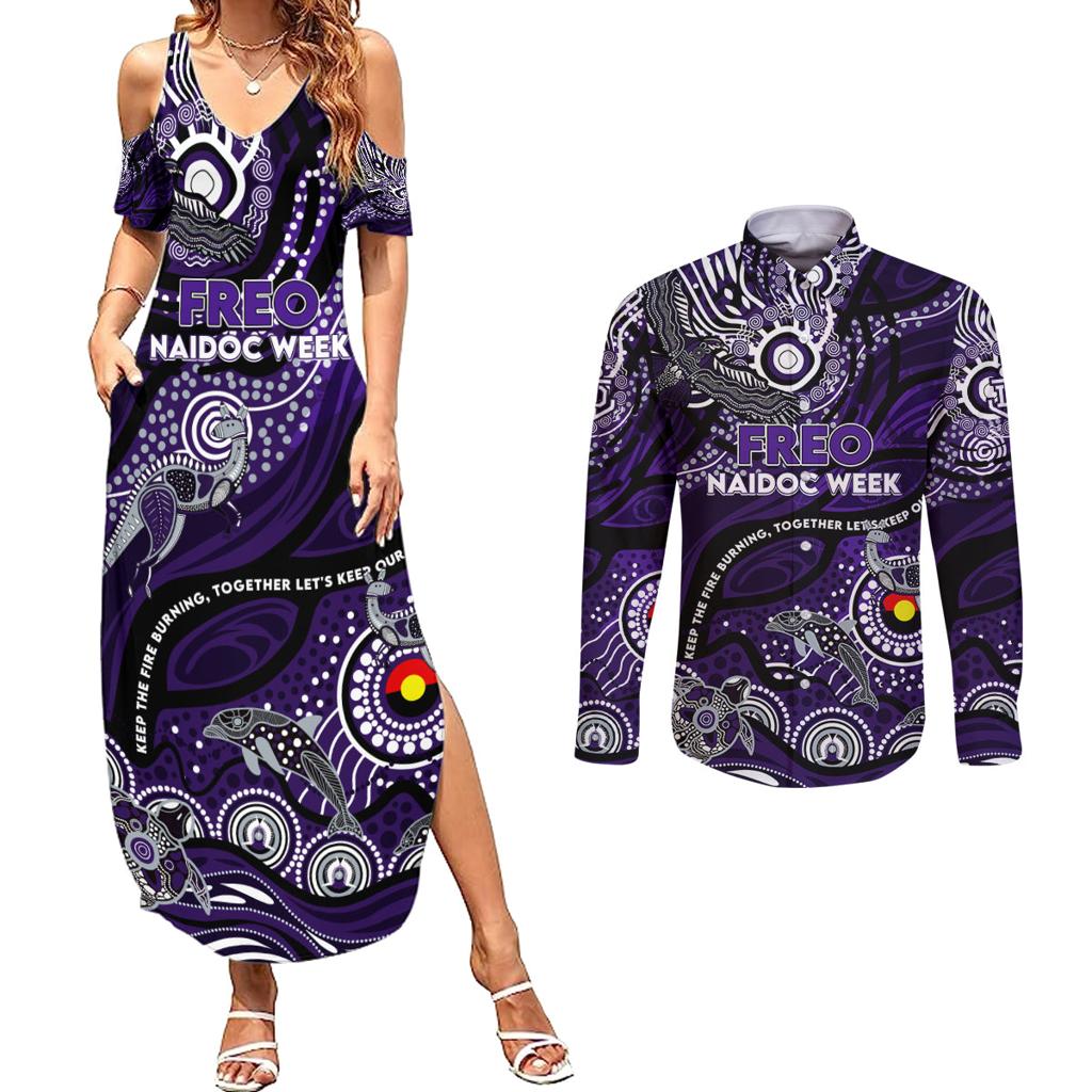 Custom NAIDOC Week 2024 Freo Couples Matching Summer Maxi Dress and Long Sleeve Button Shirt Aboriginal Animals Keep The Fire Burning