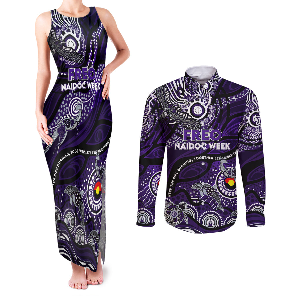 Custom NAIDOC Week 2024 Freo Couples Matching Tank Maxi Dress and Long Sleeve Button Shirt Aboriginal Animals Keep The Fire Burning