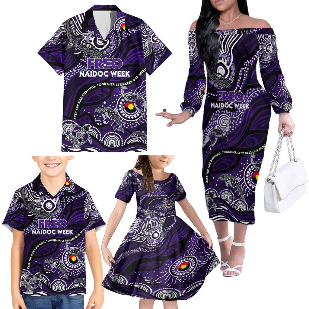 Custom NAIDOC Week 2024 Freo Family Matching Off The Shoulder Long Sleeve Dress and Hawaiian Shirt Aboriginal Animals Keep The Fire Burning