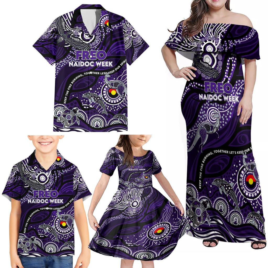 Custom NAIDOC Week 2024 Freo Family Matching Off Shoulder Maxi Dress and Hawaiian Shirt Aboriginal Animals Keep The Fire Burning
