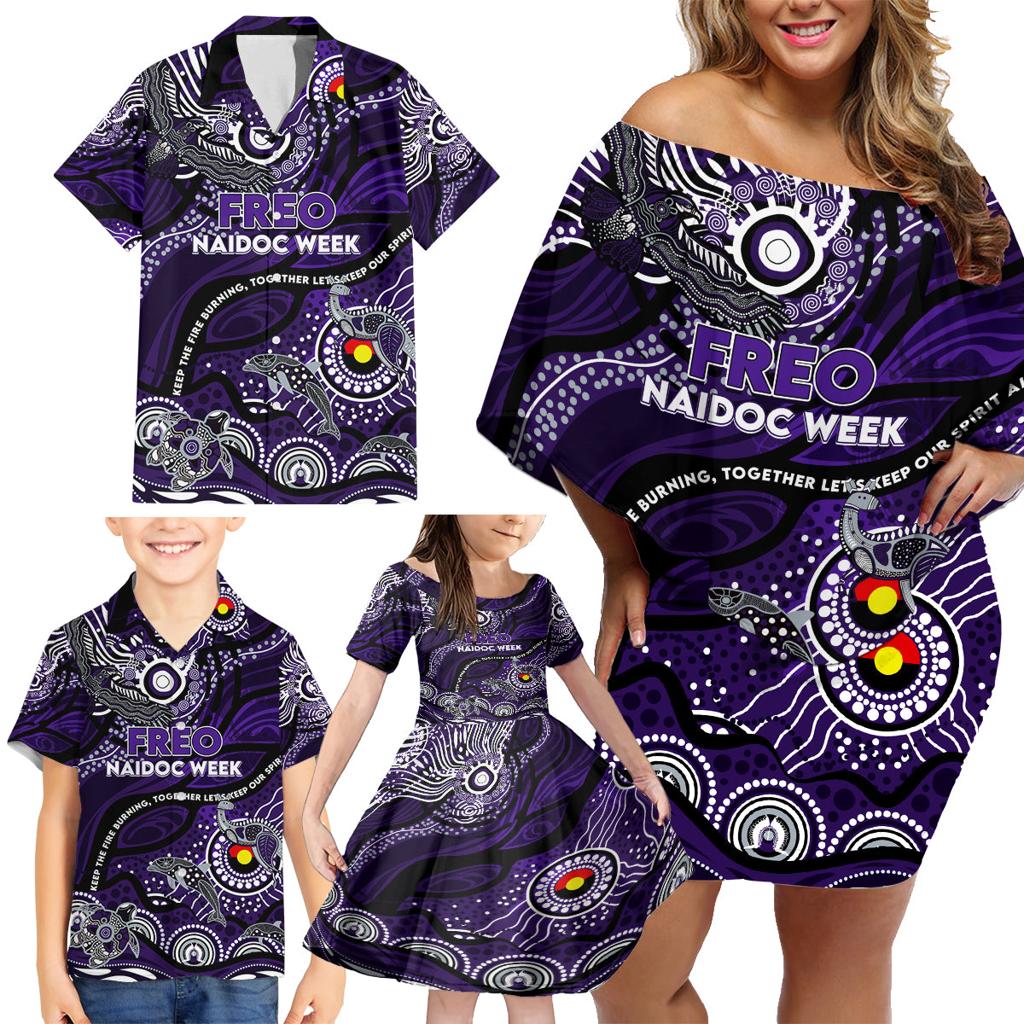 Custom NAIDOC Week 2024 Freo Family Matching Off Shoulder Short Dress and Hawaiian Shirt Aboriginal Animals Keep The Fire Burning