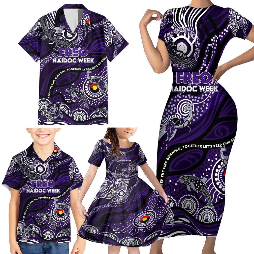 Custom NAIDOC Week 2024 Freo Family Matching Short Sleeve Bodycon Dress and Hawaiian Shirt Aboriginal Animals Keep The Fire Burning
