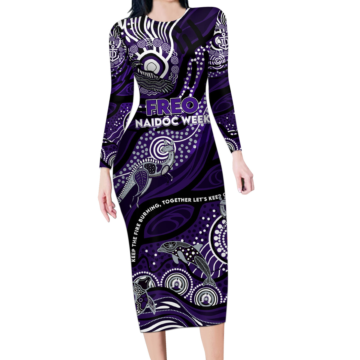 Custom NAIDOC Week 2024 Freo Long Sleeve Bodycon Dress Aboriginal Animals Keep The Fire Burning