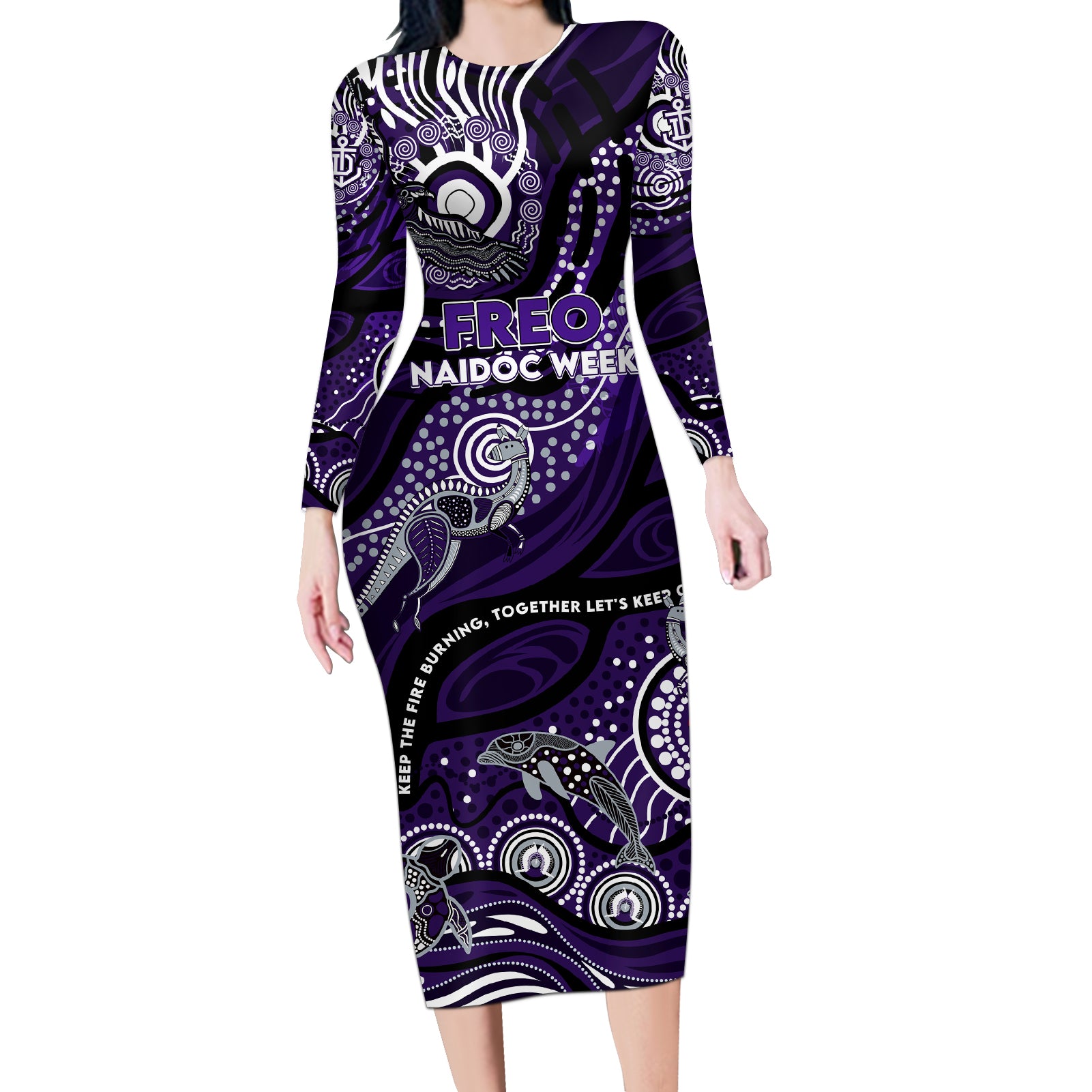 Custom NAIDOC Week 2024 Freo Long Sleeve Bodycon Dress Aboriginal Animals Keep The Fire Burning