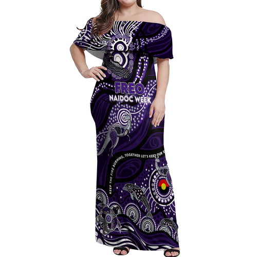 Custom NAIDOC Week 2024 Freo Off Shoulder Maxi Dress Aboriginal Animals Keep The Fire Burning