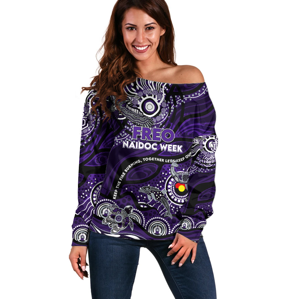 Custom NAIDOC Week 2024 Freo Off Shoulder Sweater Aboriginal Animals Keep The Fire Burning