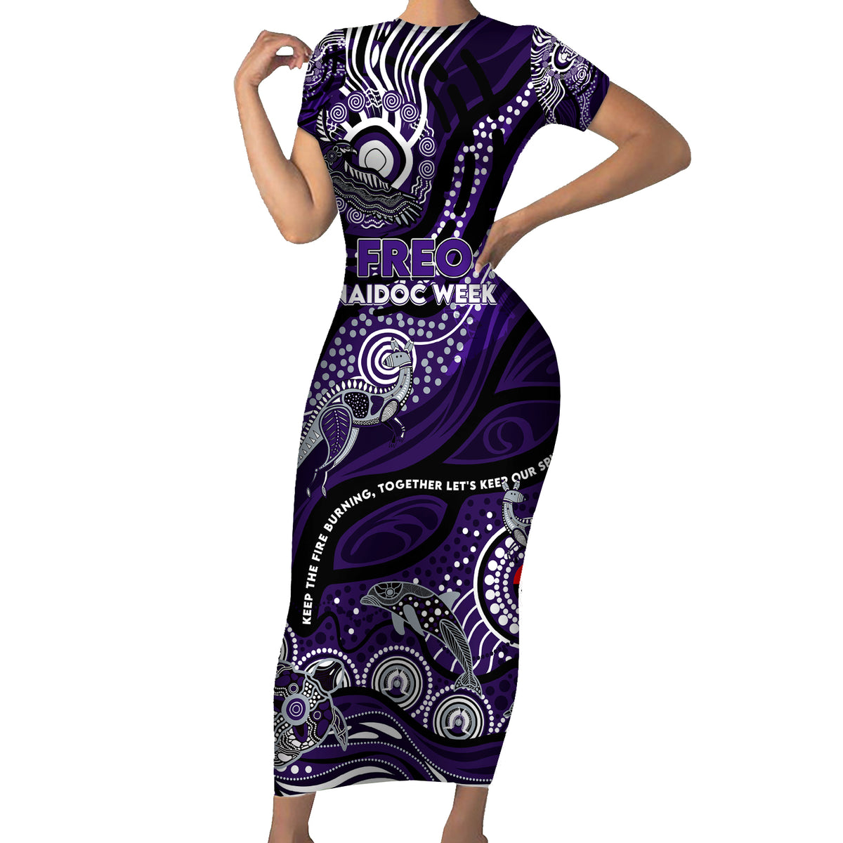 Custom NAIDOC Week 2024 Freo Short Sleeve Bodycon Dress Aboriginal Animals Keep The Fire Burning