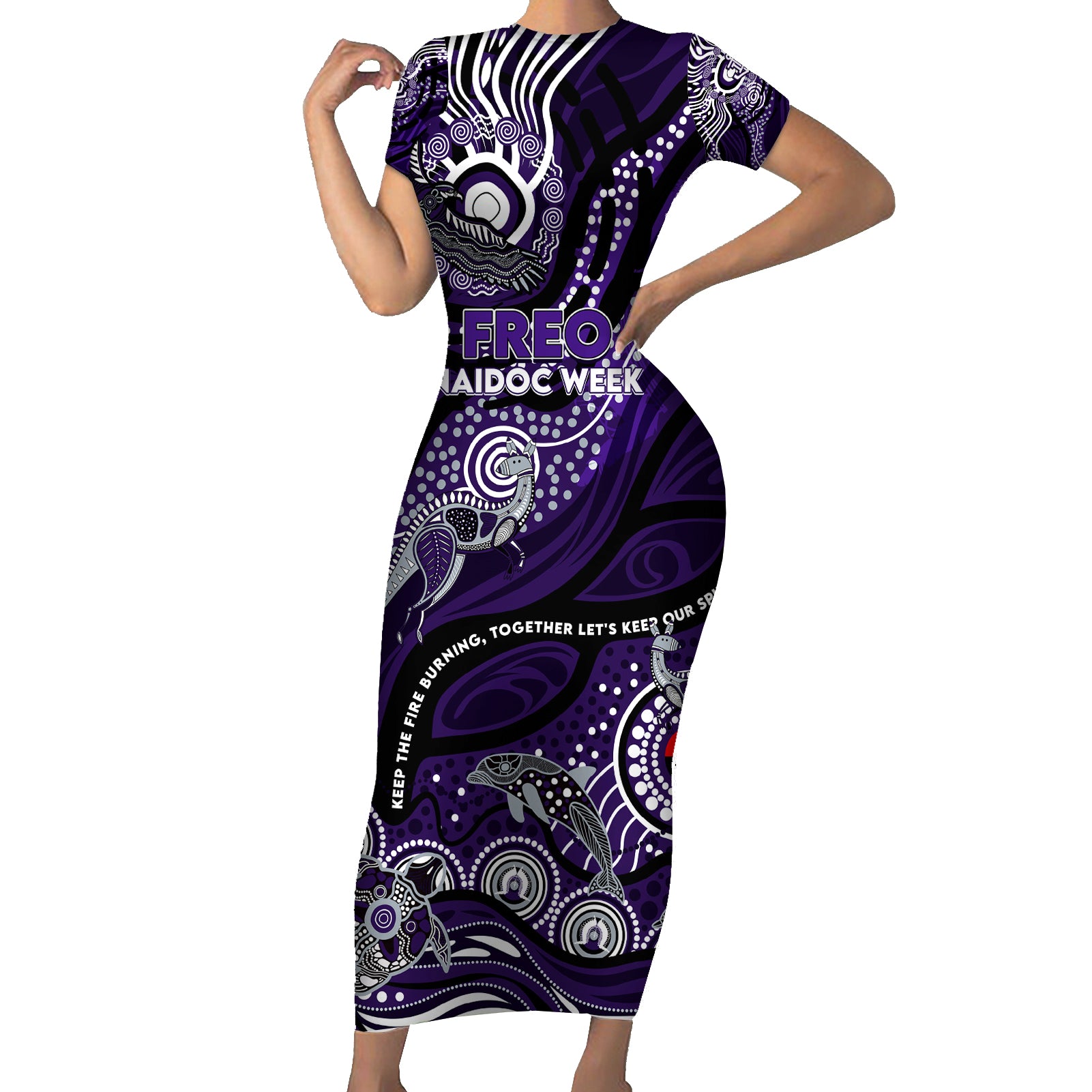Custom NAIDOC Week 2024 Freo Short Sleeve Bodycon Dress Aboriginal Animals Keep The Fire Burning