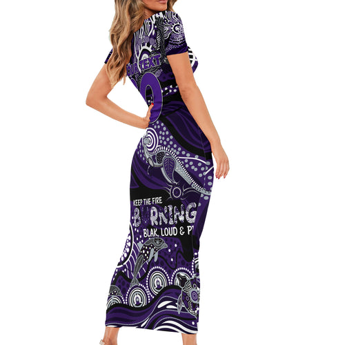Custom NAIDOC Week 2024 Freo Short Sleeve Bodycon Dress Aboriginal Animals Keep The Fire Burning