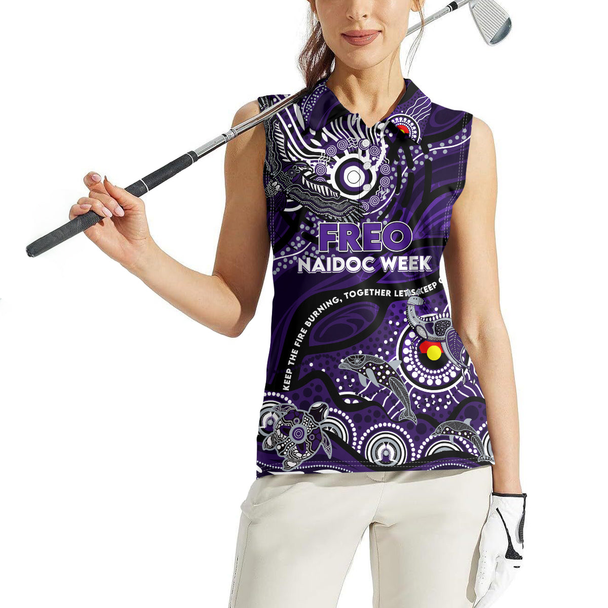Custom NAIDOC Week 2024 Freo Women Sleeveless Polo Shirt Aboriginal Animals Keep The Fire Burning