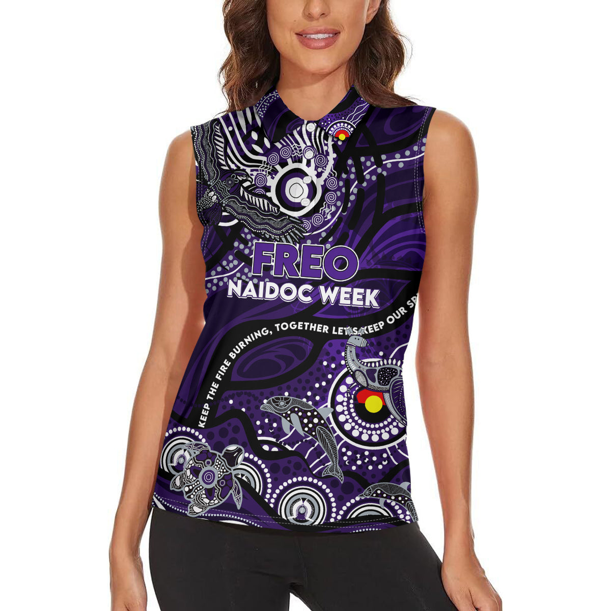 Custom NAIDOC Week 2024 Freo Women Sleeveless Polo Shirt Aboriginal Animals Keep The Fire Burning