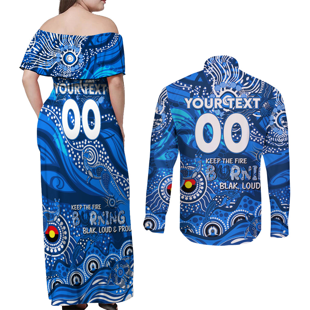Custom NAIDOC Week 2024 Cats Couples Matching Off Shoulder Maxi Dress and Long Sleeve Button Shirt Aboriginal Animals Keep The Fire Burning