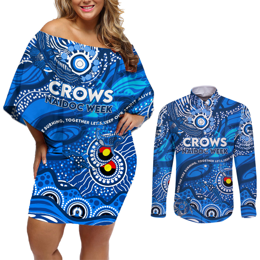 Custom NAIDOC Week 2024 Cats Couples Matching Off Shoulder Short Dress and Long Sleeve Button Shirt Aboriginal Animals Keep The Fire Burning