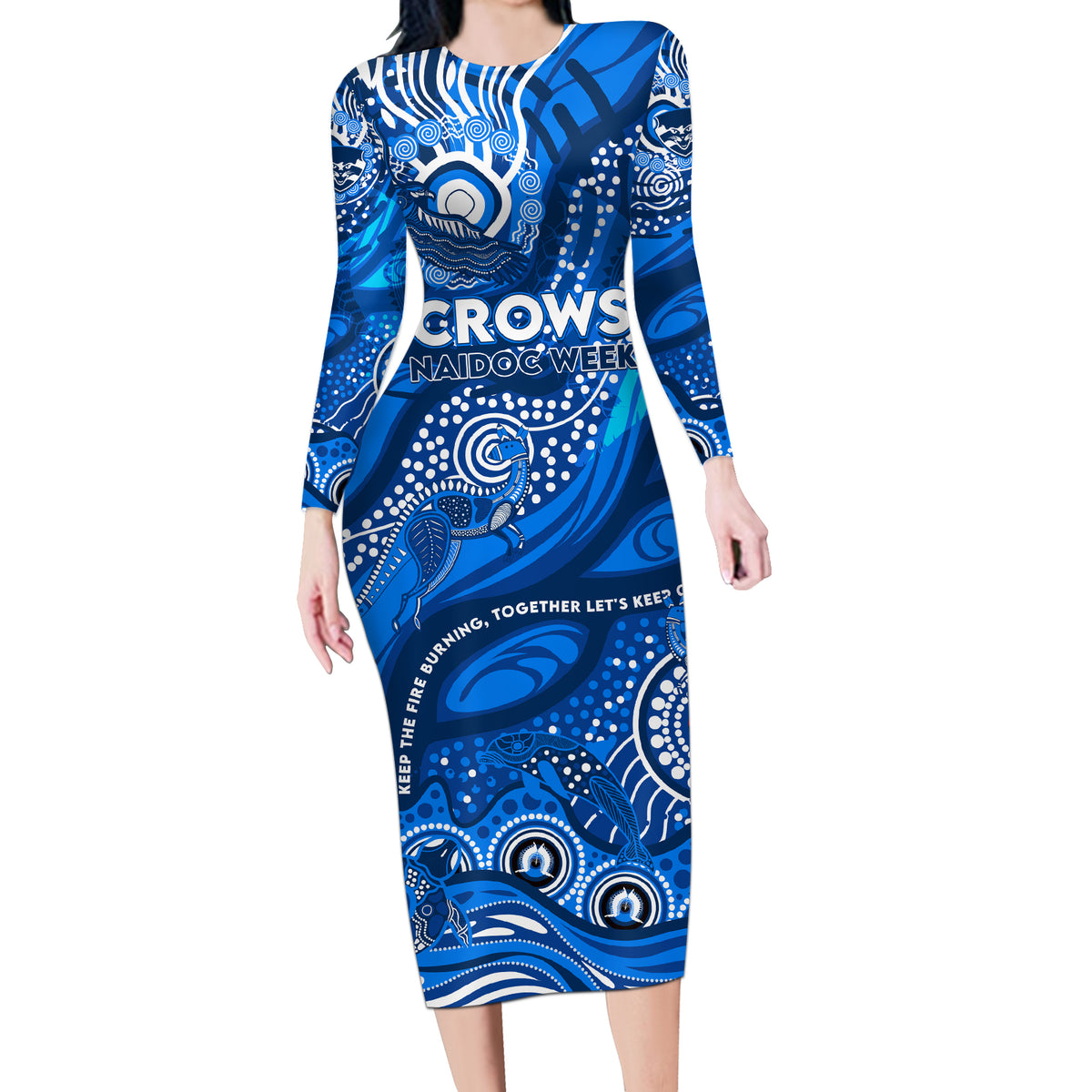 Custom NAIDOC Week 2024 Cats Long Sleeve Bodycon Dress Aboriginal Animals Keep The Fire Burning