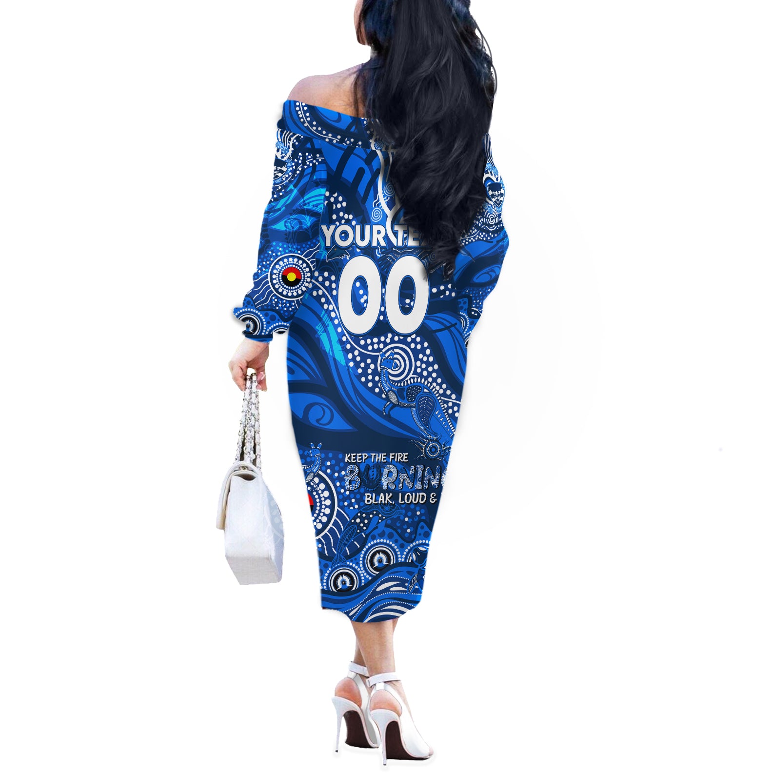 Custom NAIDOC Week 2024 Cats Off The Shoulder Long Sleeve Dress Aboriginal Animals Keep The Fire Burning
