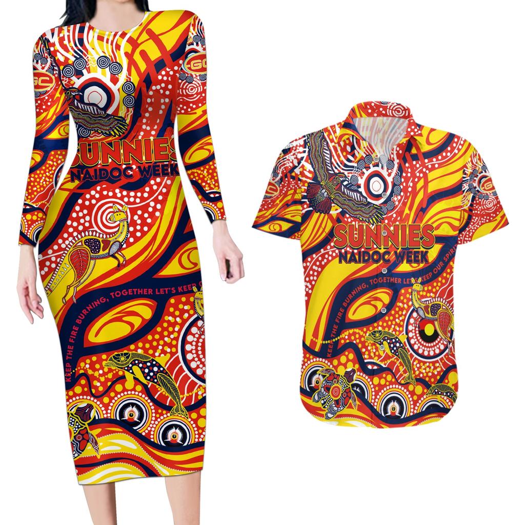 Custom NAIDOC Week 2024 Sunnies Couples Matching Long Sleeve Bodycon Dress and Hawaiian Shirt Aboriginal Animals Keep The Fire Burning